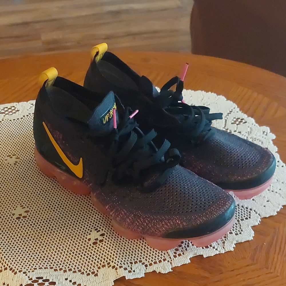Nike Men's Black and Pink VaporMax Sneakers with Yellow Swoosh